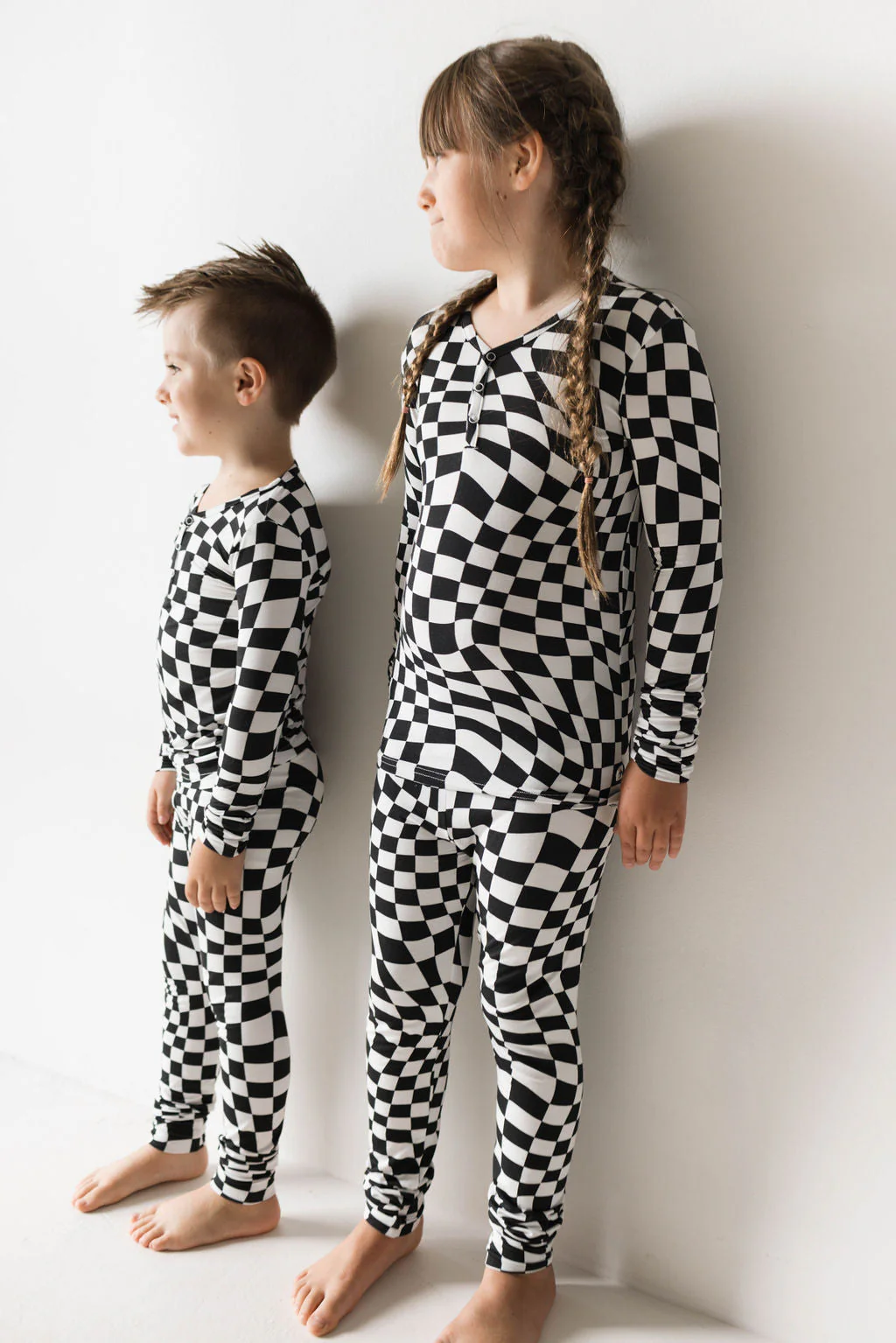 Bamboo Two Piece Pajamas | Black & White Wavy Checkerboard - Image 5