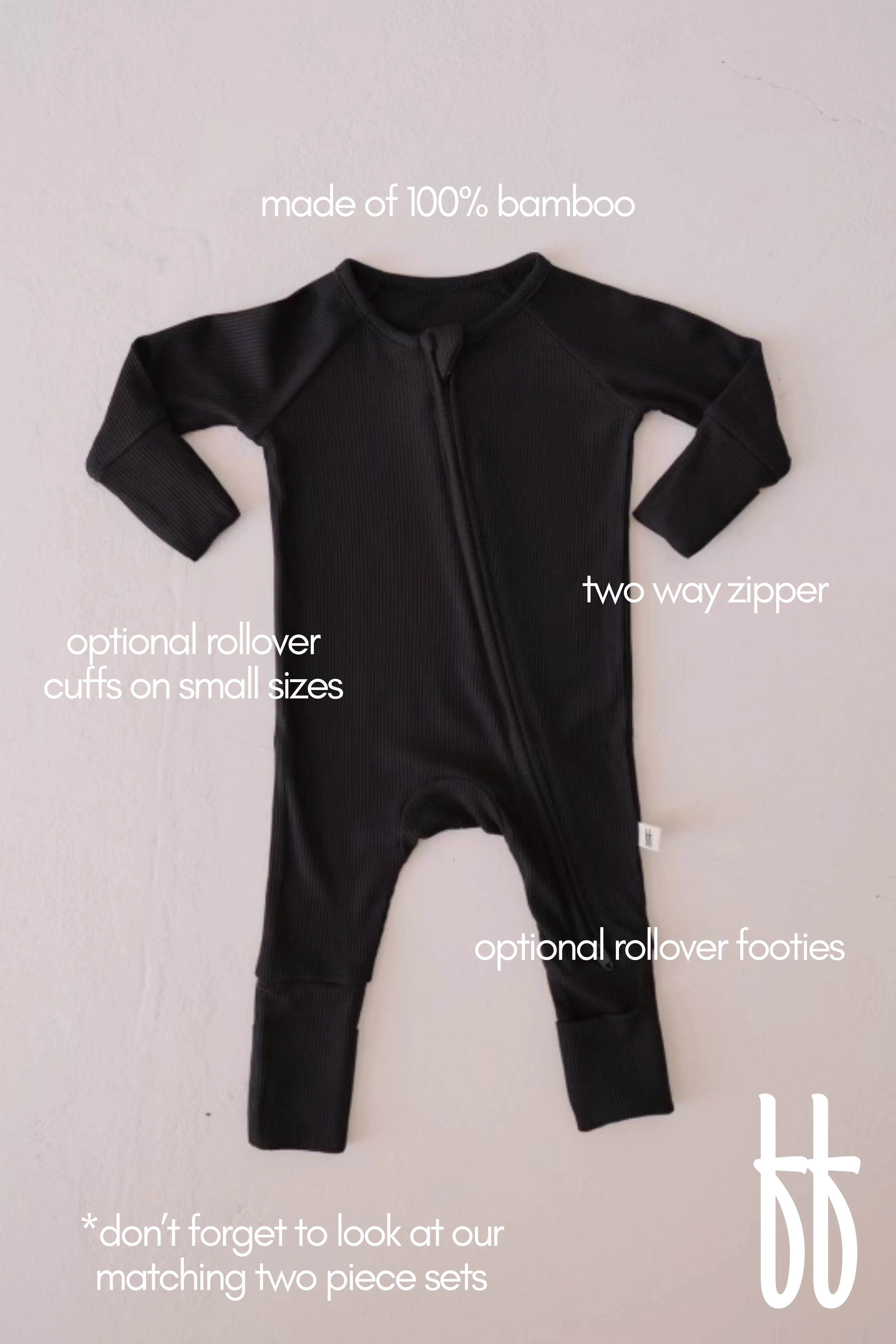 Bamboo Zip Pajamas | Black Ribbed - Image 2