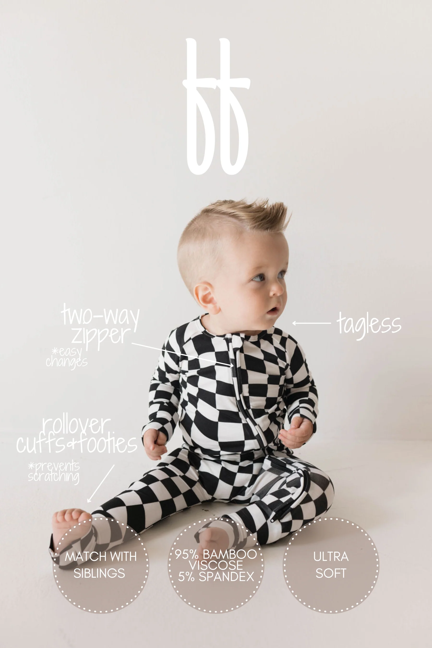 Bamboo Zip Pajamas | Black & White Wavy Checkerboard - Image 2