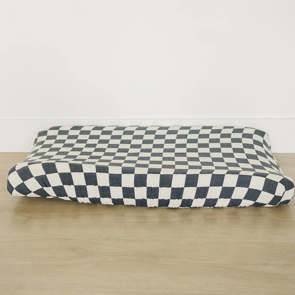 Charcoal Checkered Muslin Changing Pad Cover - Image 3
