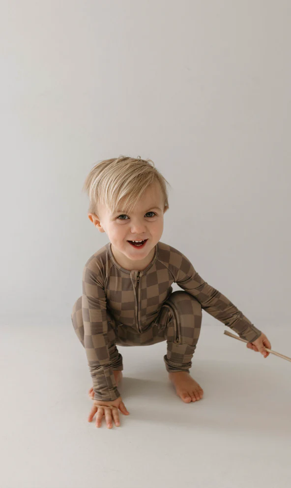 Faded Brown Checkerboard | Bamboo Zip Pajamas - Image 4