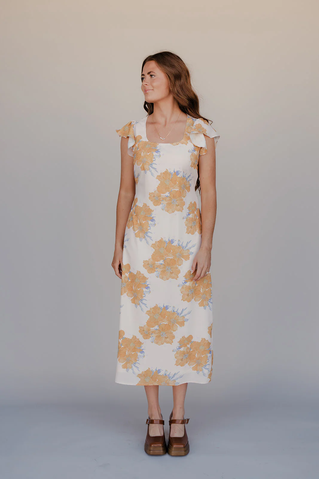 Golden Petal Flutter Sleeve Dress - Image 4