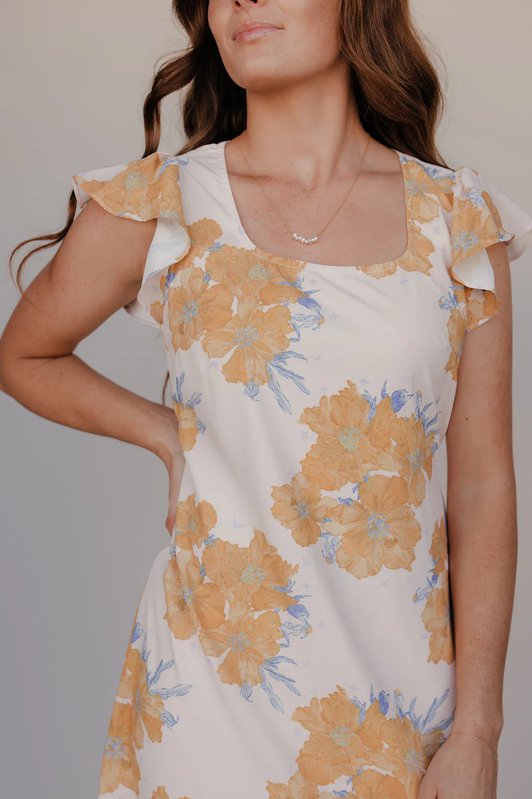 Golden Petal Flutter Sleeve Dress - Image 7