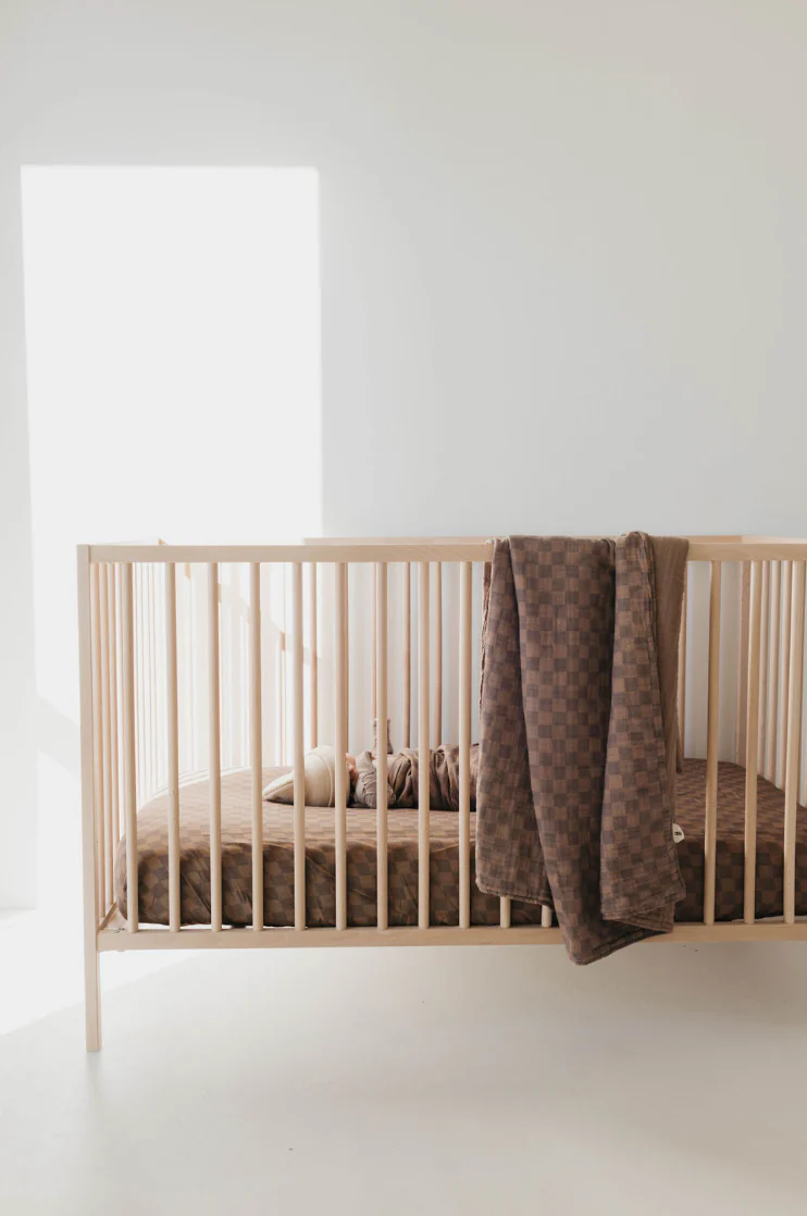 Muslin Crib Sheet | Faded Brown Checkerboard - Image 7
