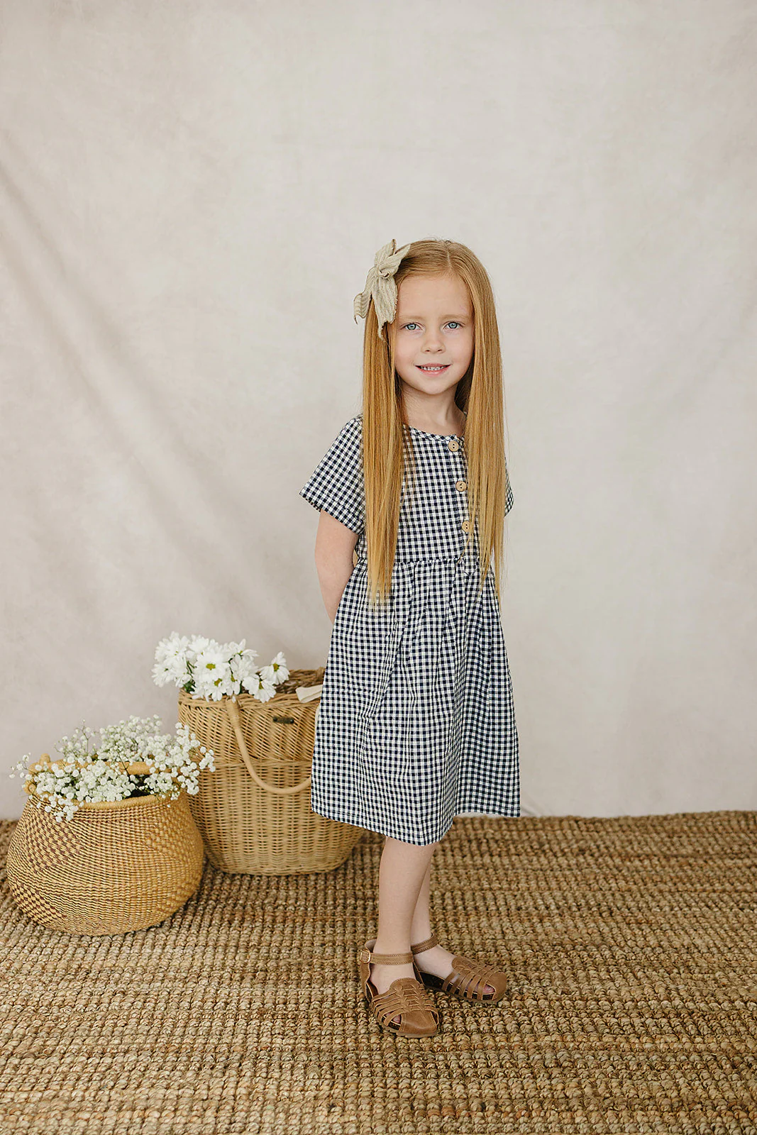 Navy Gingham Linen Cotton Dress - Image 2