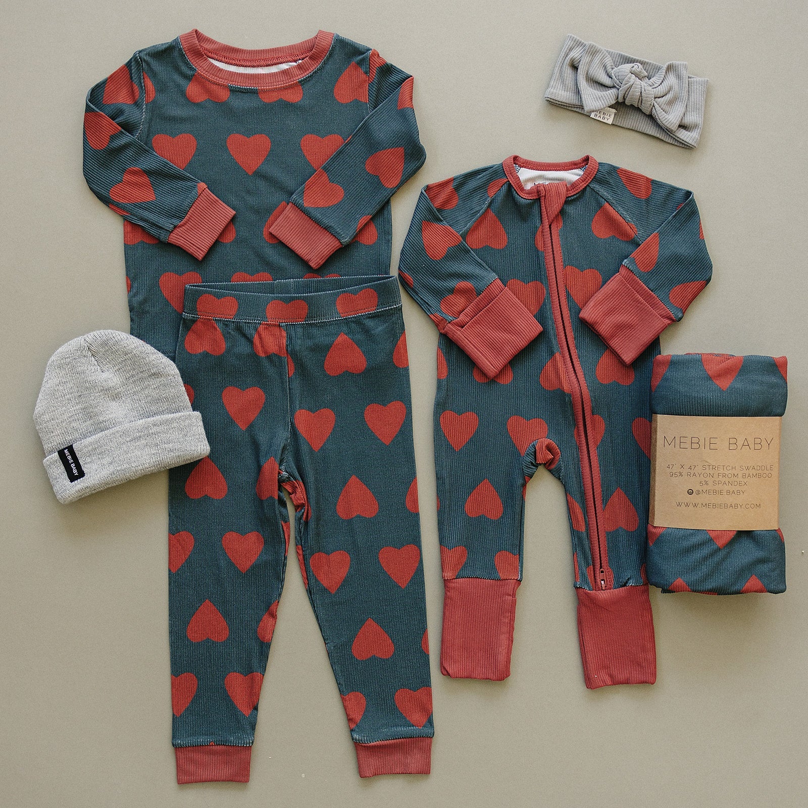 Navy + Red Hearts Ribbed Bamboo Zipper - Image 2