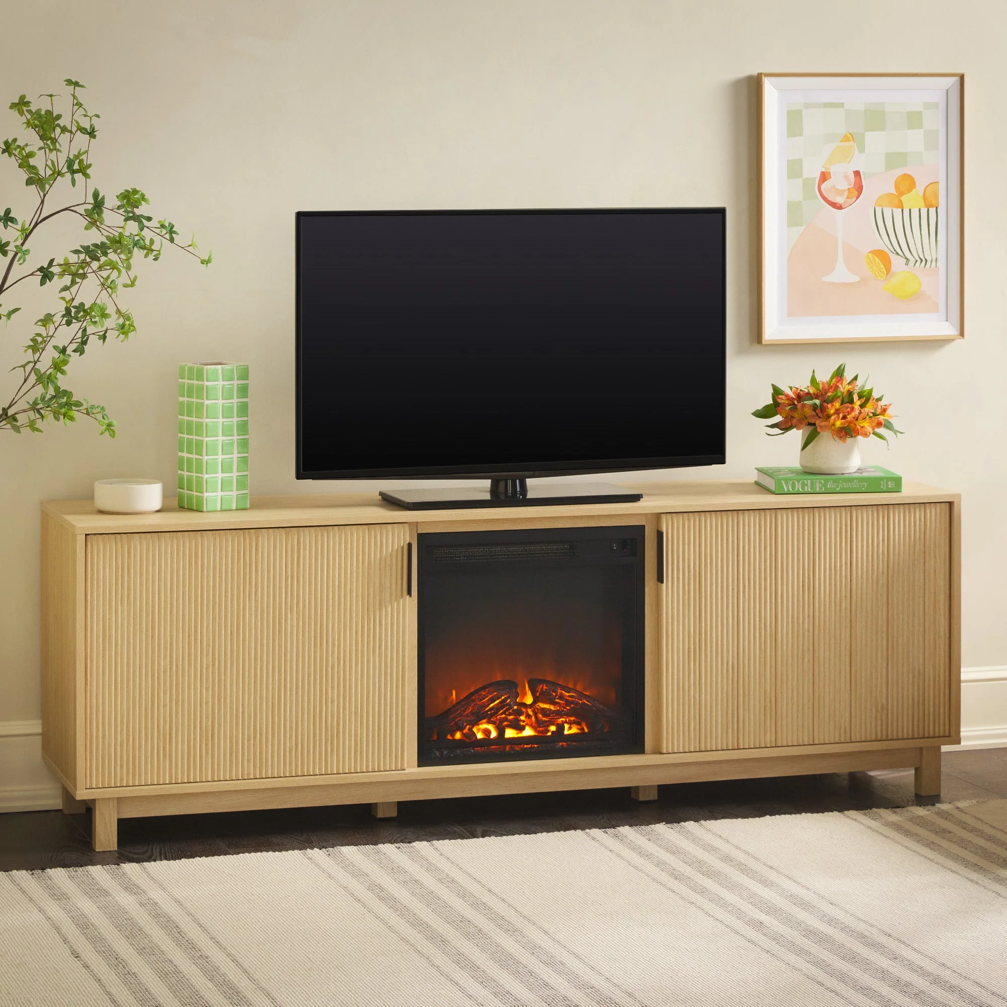 Reema Scandinavian 70" Modern Reeded TV Stand with Freestanding Electric Fireplace - Image 2