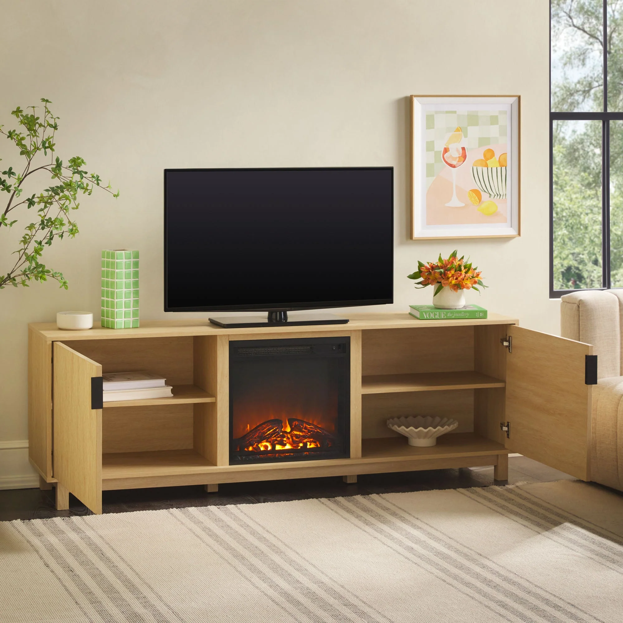 Reema Scandinavian 70" Modern Reeded TV Stand with Freestanding Electric Fireplace - Image 3