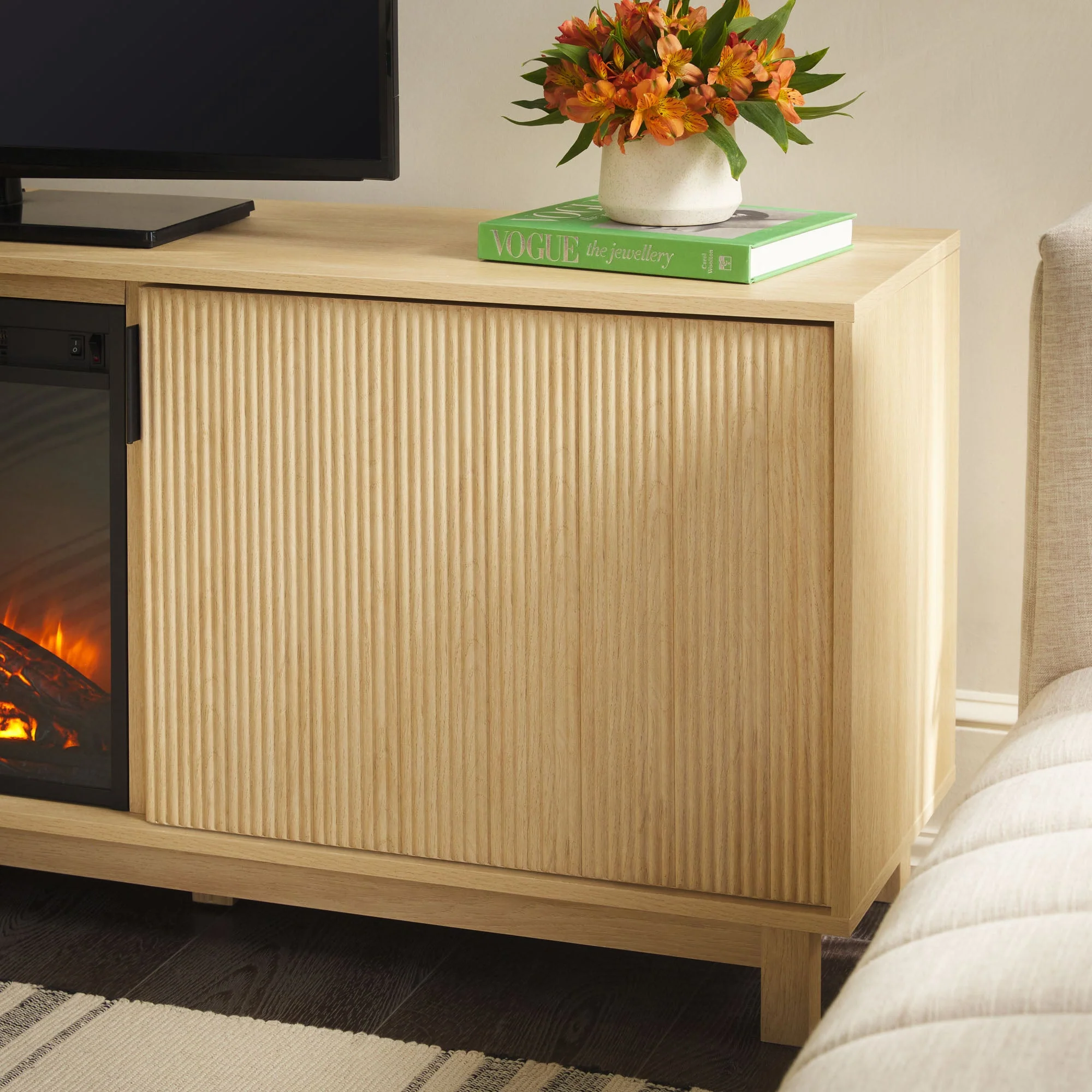 Reema Scandinavian 70" Modern Reeded TV Stand with Freestanding Electric Fireplace - Image 4