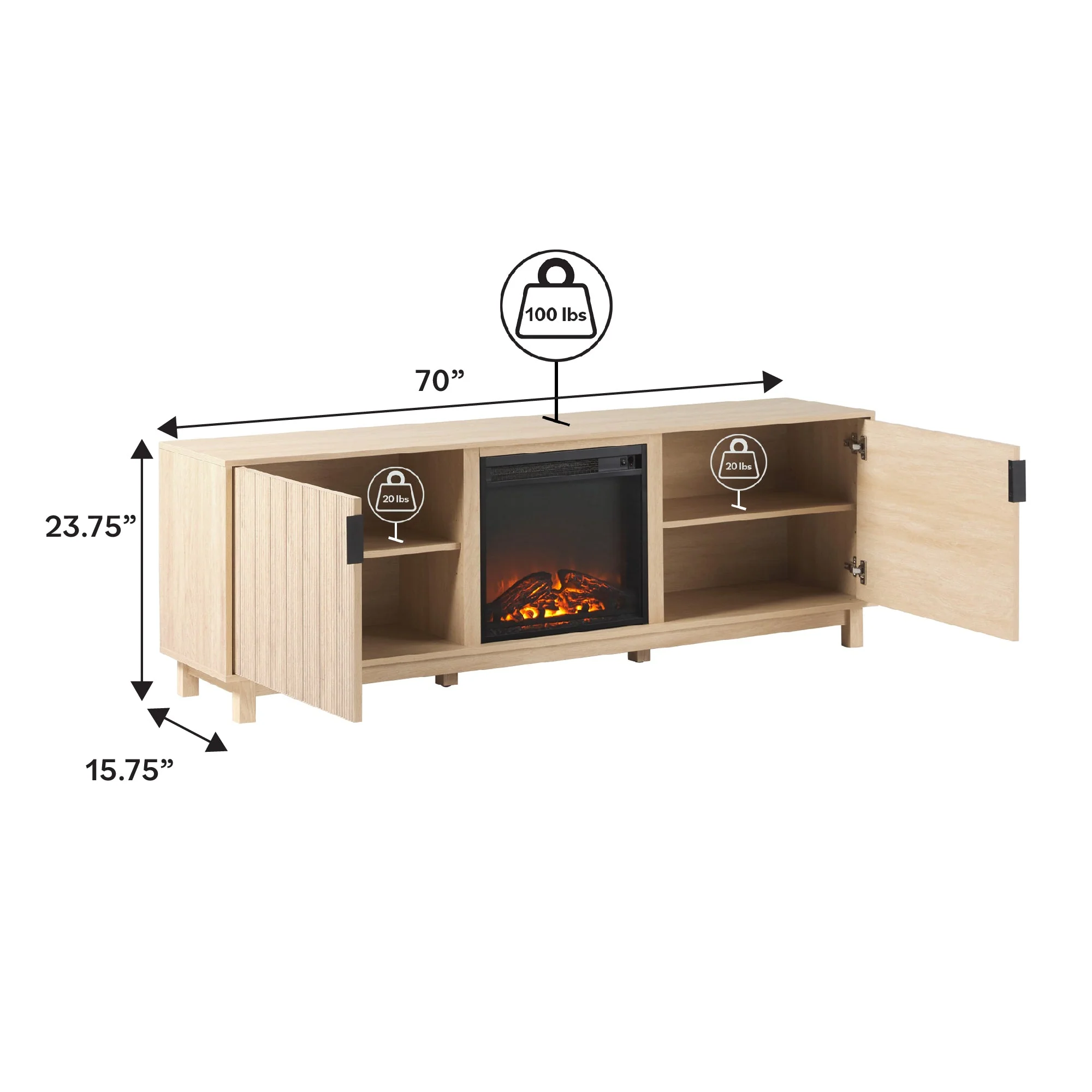 Reema Scandinavian 70" Modern Reeded TV Stand with Freestanding Electric Fireplace - Image 5