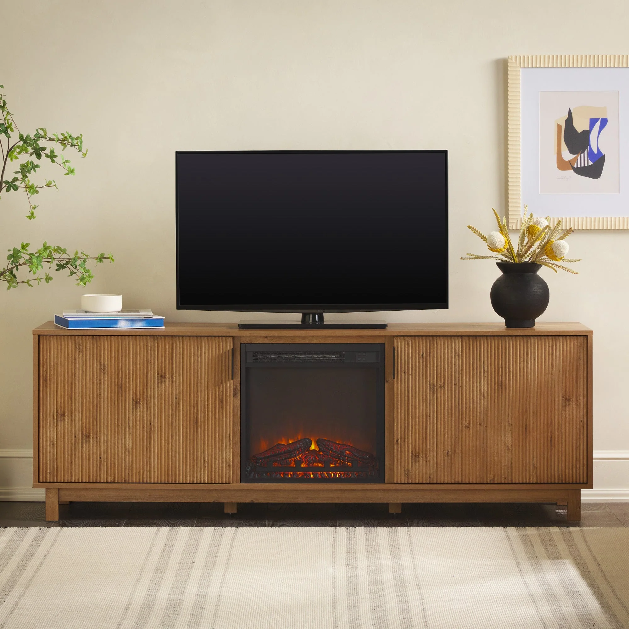 Reema Scandinavian 70" Modern Reeded TV Stand with Freestanding Electric Fireplace - Image 6