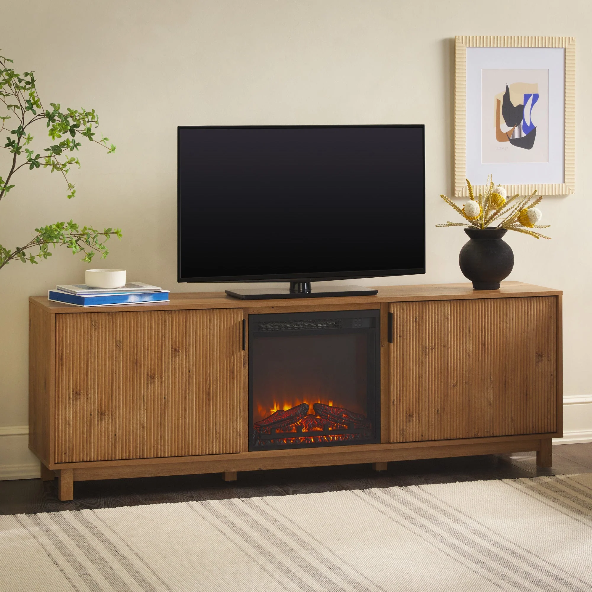 Reema Scandinavian 70" Modern Reeded TV Stand with Freestanding Electric Fireplace - Image 7