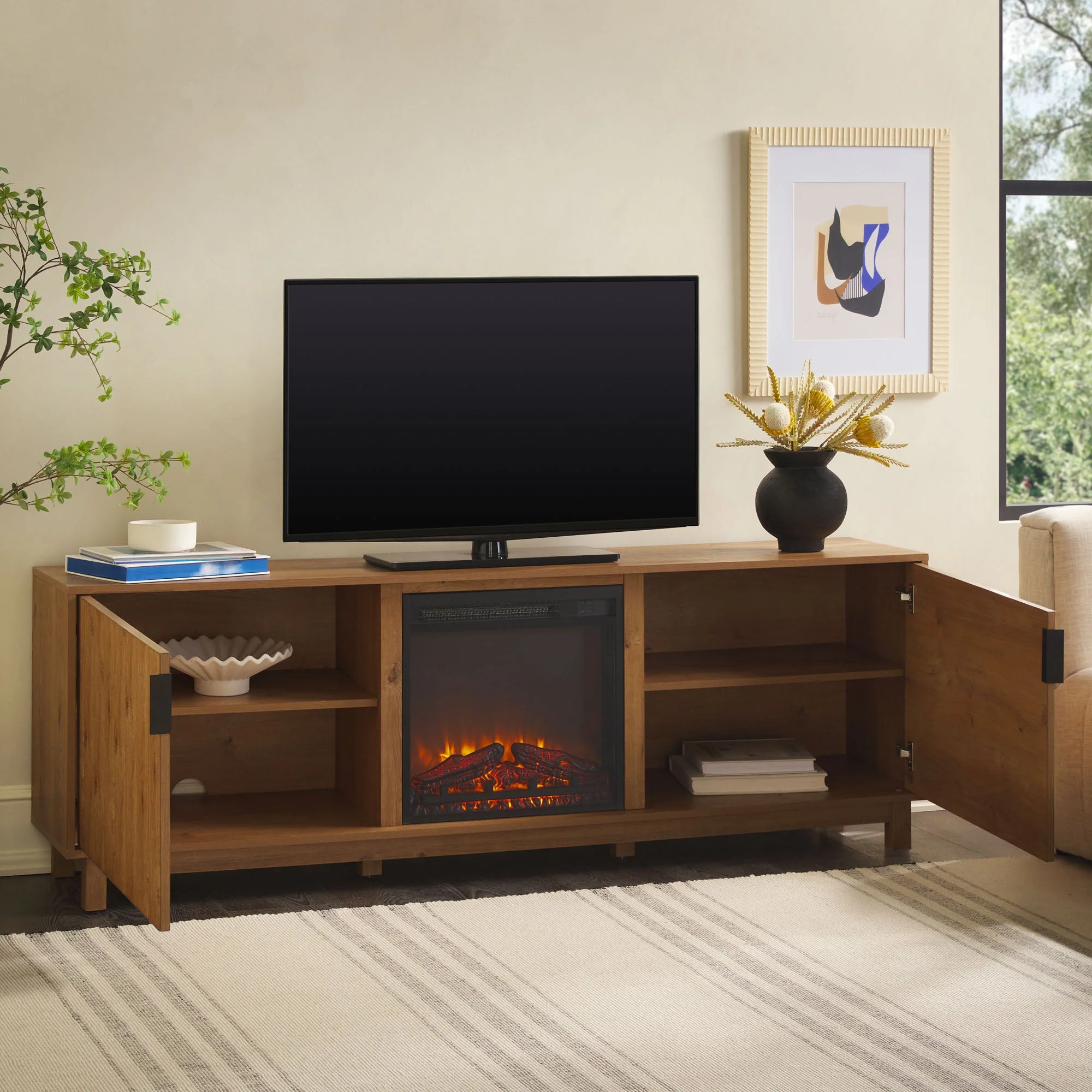 Reema Scandinavian 70" Modern Reeded TV Stand with Freestanding Electric Fireplace - Image 8