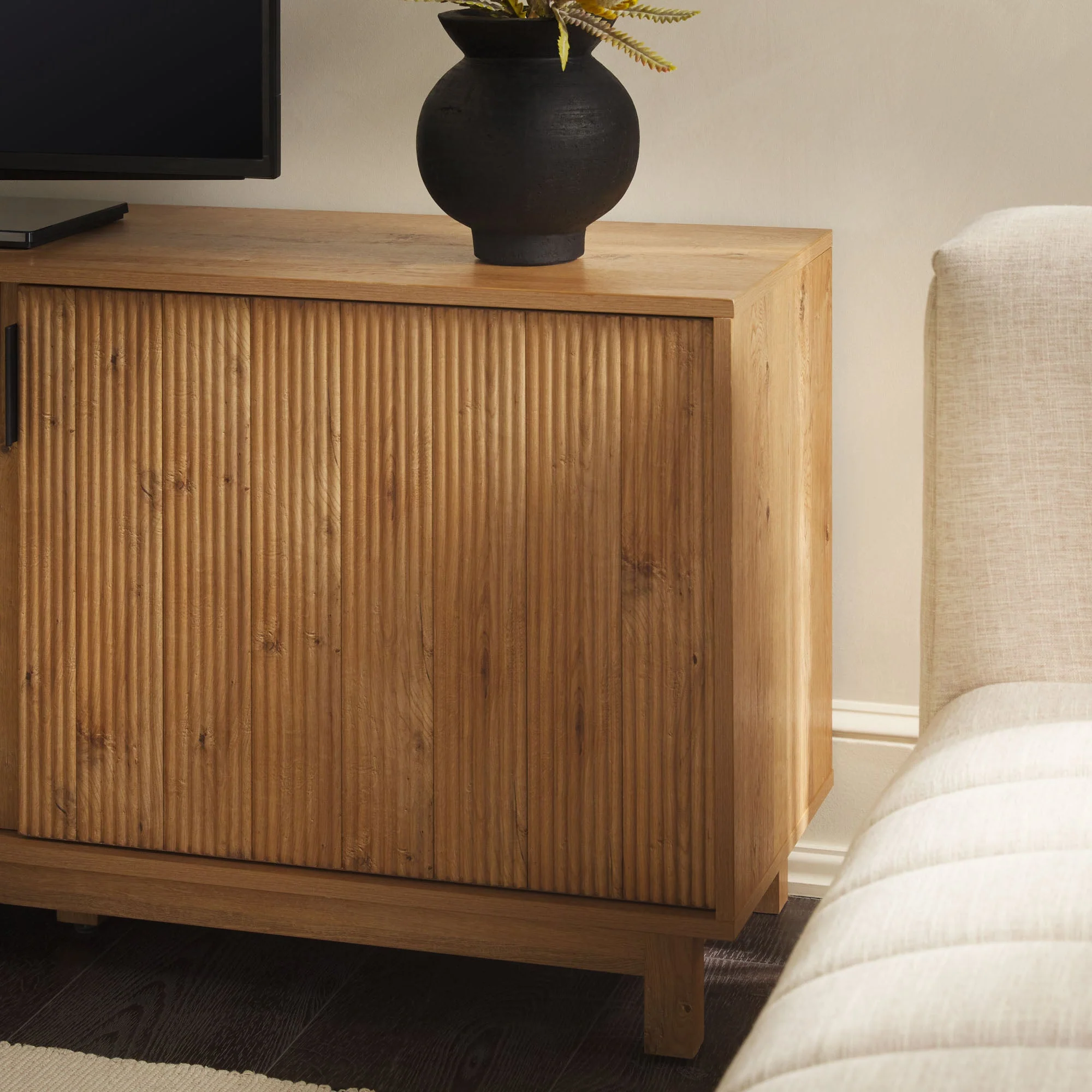 Reema Scandinavian 70" Modern Reeded TV Stand with Freestanding Electric Fireplace - Image 9
