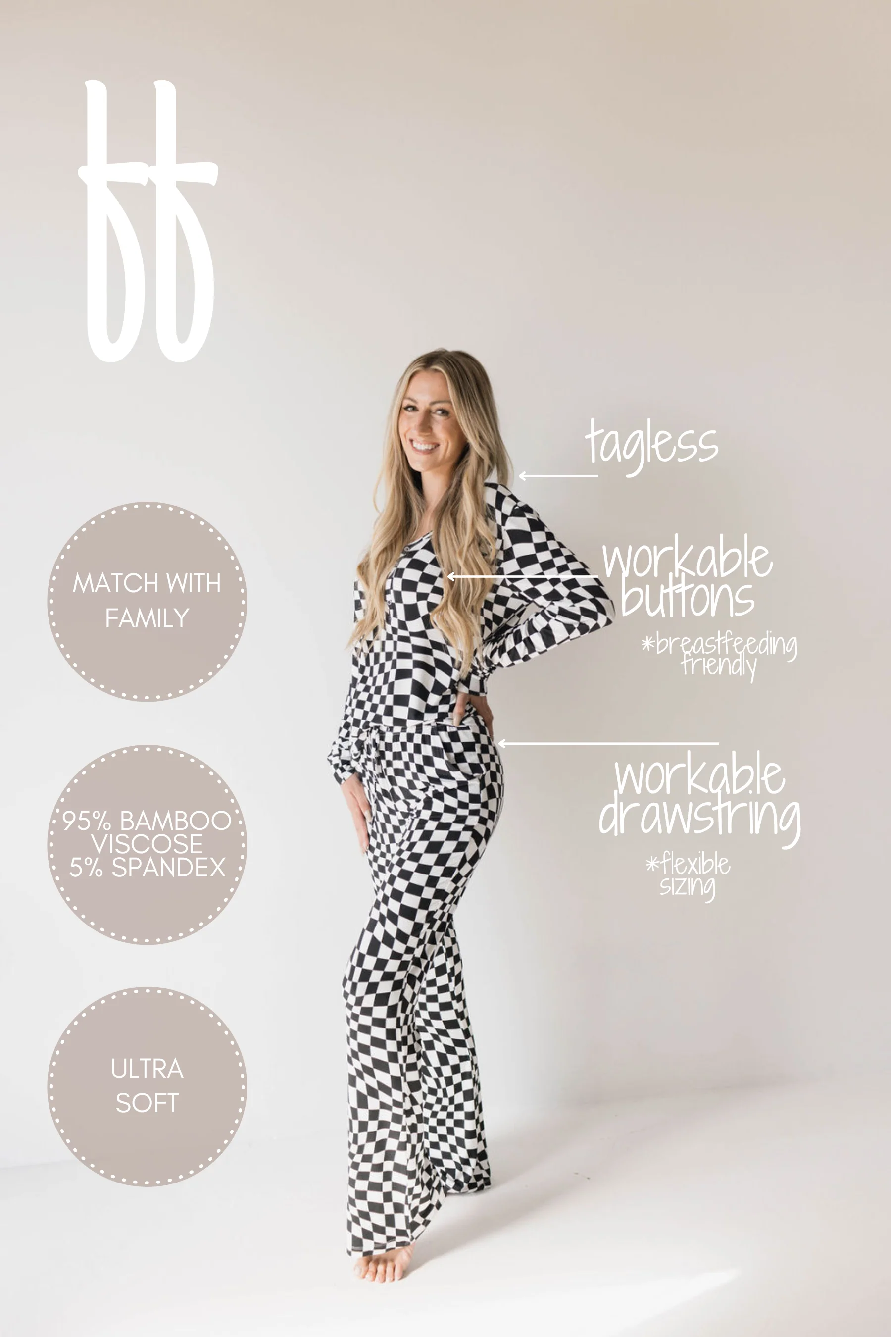 Women's Bamboo Pajamas | Black & White Wavy Checkerboard - Image 2